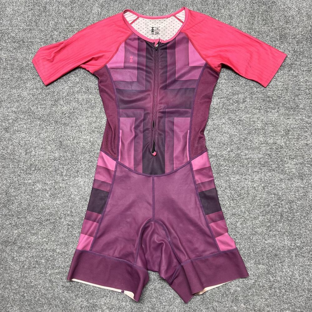 Coeur Unitard Womens Small Purple Short Sleeve Padded Triathlon Suit Zip Geo